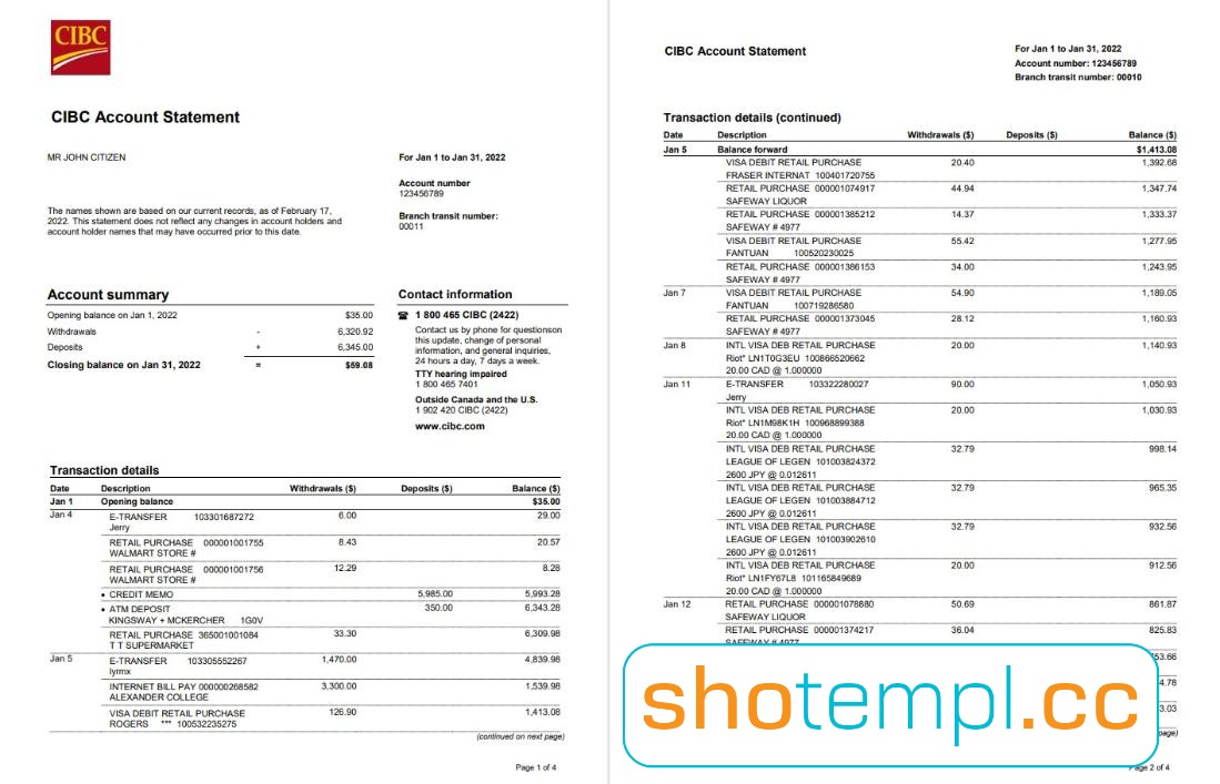 CIBC Bank Statement Template in PDF Format